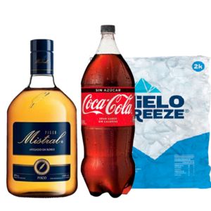Oferta de Pisco Mistral 35° 1lt + Coca Cola Zero 3lt + Hielo 2kg por $2990 en Liquidos